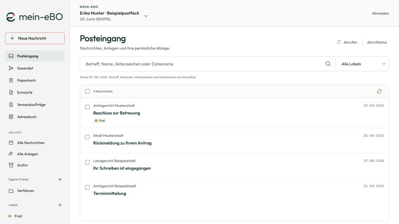 mein-eBO: Posteingang. Ausschließlich fiktive Beispieldaten.